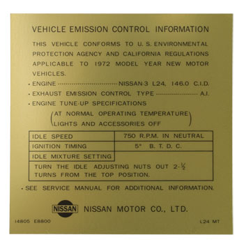 Decal: Tune-Up & Emissions, 72 240Z