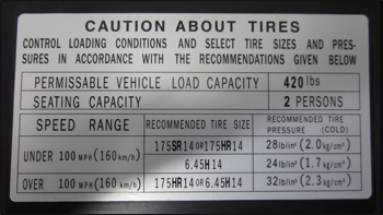 New! Reproduction Decal: Glove Box Door - Tire Information, 70-78 240Z-260Z-280Z